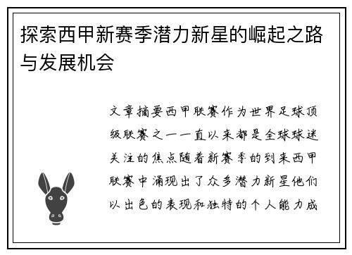 探索西甲新赛季潜力新星的崛起之路与发展机会
